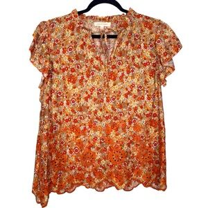 Solitaire embroidered floral women's L top boho costal retro artsy cottage